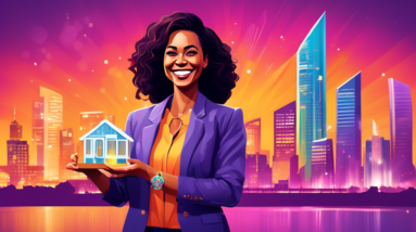 A smiling woman in a blazer holding a sparkling award shaped like a house in front of the Orlando city skyline.