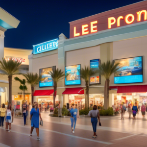 Create an image of a vibrant, modern shopping center in Orlando, Florida, showcasing a variety of popular retail stores and lush landscaping. Include a large, prominent sign that reads Lee Vista Prome