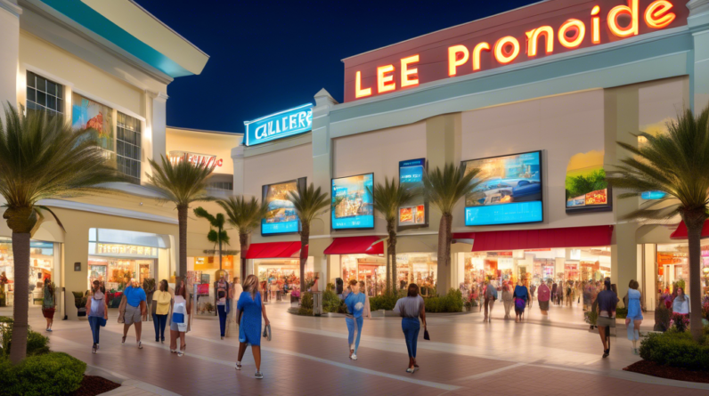 Create an image of a vibrant, modern shopping center in Orlando, Florida, showcasing a variety of popular retail stores and lush landscaping. Include a large, prominent sign that reads Lee Vista Prome