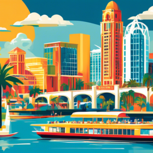 Create an image showcasing the vibrant attractions of Tampa and Orlando, Florida. Highlight the stunning coastline and lively downtown of Tampa alongside the iconic theme parks and futuristic skyline