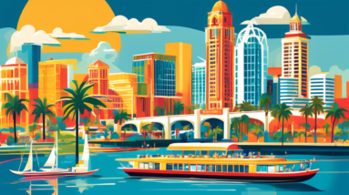 Create an image showcasing the vibrant attractions of Tampa and Orlando, Florida. Highlight the stunning coastline and lively downtown of Tampa alongside the iconic theme parks and futuristic skyline