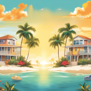 Create an image depicting Florida's real estate market duality for buyers and sellers. Split the scene into two parts: On one side, show a sunny beachfront property with a 'For Sale' sign and happy bu