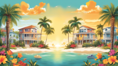 Create an image depicting Florida's real estate market duality for buyers and sellers. Split the scene into two parts: On one side, show a sunny beachfront property with a 'For Sale' sign and happy bu