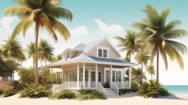 Create an image that represents Florida's real estate market with elements such as a For Sale sign on a beautiful beachfront property, a tropical setting with palm trees and bright, sunny skies. Inclu