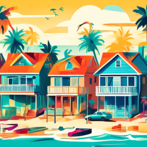 Create an image depicting the Florida housing market with a mix of visually appealing and worrying elements. Include a sunny beach with colorful homes and palm trees in the background, but also add si