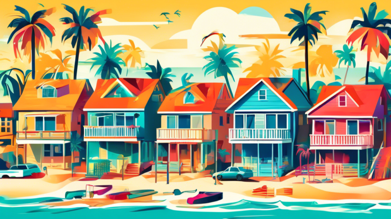 Create an image depicting the Florida housing market with a mix of visually appealing and worrying elements. Include a sunny beach with colorful homes and palm trees in the background, but also add si