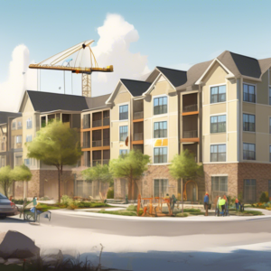 Create an illustration of a modern apartment complex under construction near a scenic community reminiscent of The Villages in Florida. The scene should include construction cranes, workers, and parti