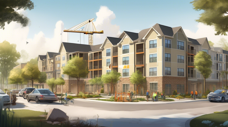 Create an illustration of a modern apartment complex under construction near a scenic community reminiscent of The Villages in Florida. The scene should include construction cranes, workers, and parti