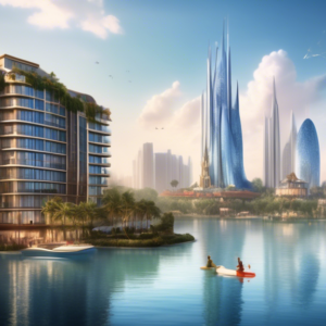 Create an image of a modern, luxurious high-rise hotel situated by a serene lakeside. The scene should include lush greenery, clear blue water, and a view of iconic Disney landmarks in the distance, s