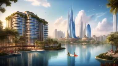 Create an image of a modern, luxurious high-rise hotel situated by a serene lakeside. The scene should include lush greenery, clear blue water, and a view of iconic Disney landmarks in the distance, s