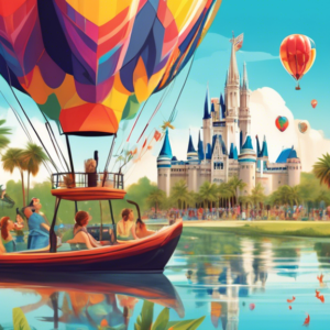 Create a vibrant and engaging illustration showcasing 10 unusual activities in Orlando, Florida that go beyond the theme parks. Include scenes like hot air balloon rides over scenic landscapes, explor