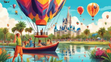 Create a vibrant and engaging illustration showcasing 10 unusual activities in Orlando, Florida that go beyond the theme parks. Include scenes like hot air balloon rides over scenic landscapes, explor