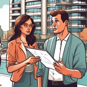 Create an illustration of a perplexed couple standing in front of a modern condo building. In the background, there's a split scene showing various upgraded amenities like a sparkling swimming pool, a