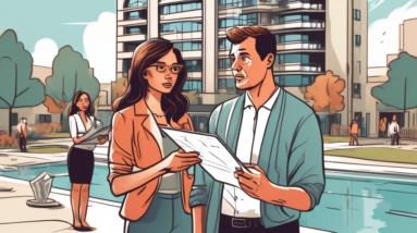 Create an illustration of a perplexed couple standing in front of a modern condo building. In the background, there's a split scene showing various upgraded amenities like a sparkling swimming pool, a