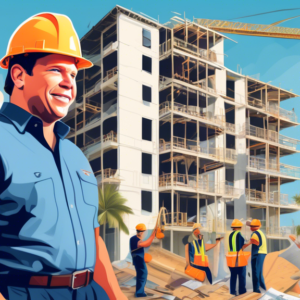 Create an image of Florida condominium buildings with Governor Ron DeSantis standing in front, gesturing towards them with a helping hand. Include visual elements representing support and assistance,