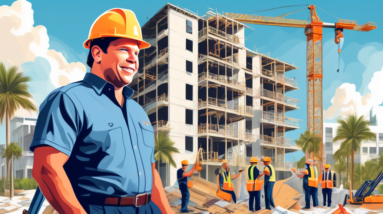 Create an image of Florida condominium buildings with Governor Ron DeSantis standing in front, gesturing towards them with a helping hand. Include visual elements representing support and assistance,