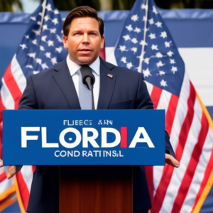 Create an image of Florida Governor Ron DeSantis speaking at a press conference with an American flag backdrop. From the podium, convey a sense of urgency and optimism as he addresses a crowd of diver