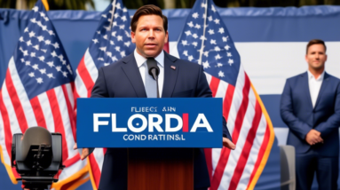 Create an image of Florida Governor Ron DeSantis speaking at a press conference with an American flag backdrop. From the podium, convey a sense of urgency and optimism as he addresses a crowd of diver