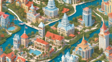 Create a detailed digital artwork that showcases the bustling residential real estate market in Orlando. Feature modern and stylish houses for sale, towering residential skyscrapers, and happy familie