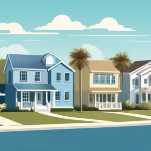 Create an image depicting a suburban neighborhood in Florida with a balance of houses for sale and occupied homes. Highlight For Sale signs in front of several properties, showing a diverse range of h