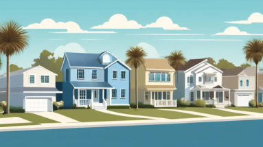 Create an image depicting a suburban neighborhood in Florida with a balance of houses for sale and occupied homes. Highlight For Sale signs in front of several properties, showing a diverse range of h