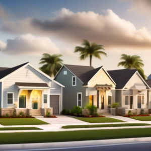 Create an image that shows a modern suburban neighborhood in Florida with a mix of newly built homes and established houses. The scene should include realtors putting up For Sale signs in front of sev