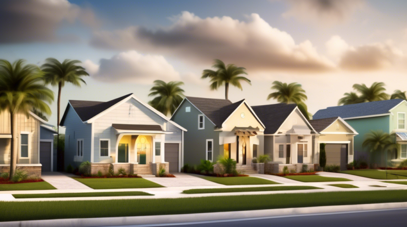 Create an image that shows a modern suburban neighborhood in Florida with a mix of newly built homes and established houses. The scene should include realtors putting up For Sale signs in front of sev