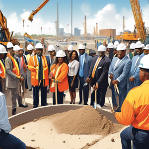 Create an image depicting the groundbreaking ceremony for the $30M Grand East Village in Orlando, featuring representatives from Housing Trust Group, AM Affordable Housing, and Prince Hall Grand Lodge