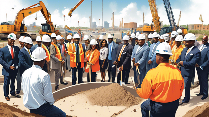 Create an image depicting the groundbreaking ceremony for the $30M Grand East Village in Orlando, featuring representatives from Housing Trust Group, AM Affordable Housing, and Prince Hall Grand Lodge