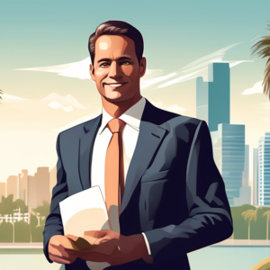 Create an image of a professional realtor standing confidently in front of a beautiful Florida landscape, with a city skyline and palm trees in the background. Incorporate subtle judicial elements lik