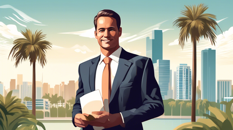 Create an image of a professional realtor standing confidently in front of a beautiful Florida landscape, with a city skyline and palm trees in the background. Incorporate subtle judicial elements lik