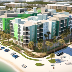 Create an image of a mixed-income residential development in midtown Daytona Beach. The scene should show modern apartment buildings of varying heights, some with balconies and green spaces. Include a