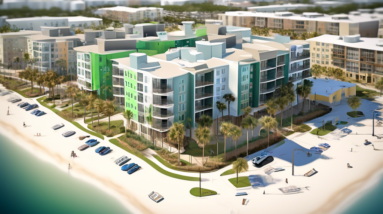 Create an image of a mixed-income residential development in midtown Daytona Beach. The scene should show modern apartment buildings of varying heights, some with balconies and green spaces. Include a