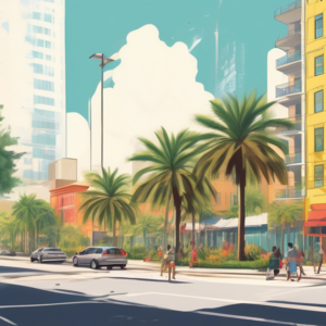 Create an illustration of a vibrant urban scene in Orlando, featuring a plot of land that is designated for highrise development. The land should be clearly marked with signs, showing it is available