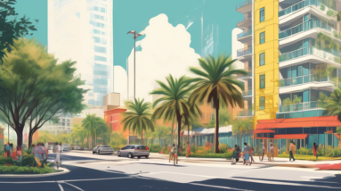 Create an illustration of a vibrant urban scene in Orlando, featuring a plot of land that is designated for highrise development. The land should be clearly marked with signs, showing it is available