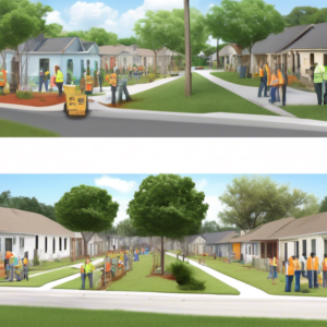 Create an image depicting a joint effort between Osceola County officials and a development team revitalizing a formerly dilapidated neighborhood. Show before-and-after scenes: the left side with rund