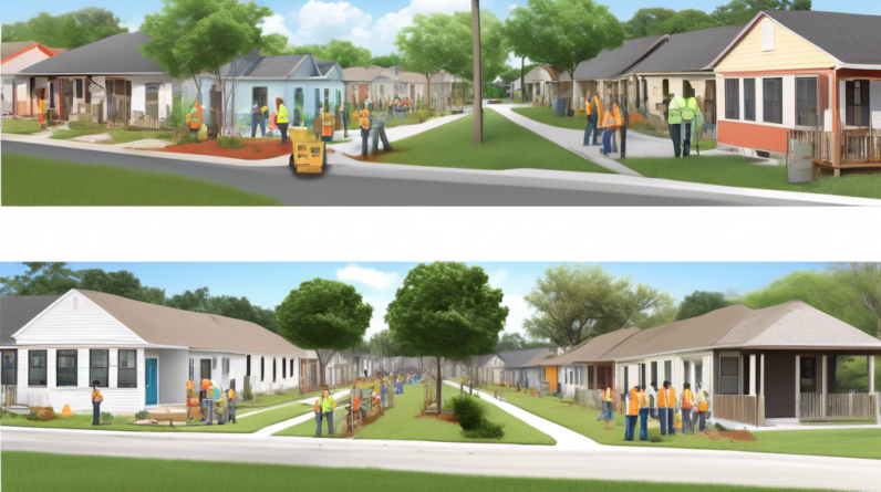 Create an image depicting a joint effort between Osceola County officials and a development team revitalizing a formerly dilapidated neighborhood. Show before-and-after scenes: the left side with rund