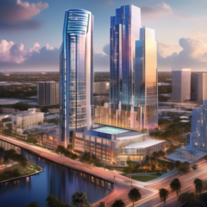 Create an image of a prime downtown Orlando location showcasing a vibrant cityscape with modern high-rise buildings. Emphasize a prominently featured plot of land where a futuristic, architecturally s