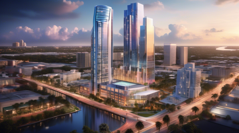 Create an image of a prime downtown Orlando location showcasing a vibrant cityscape with modern high-rise buildings. Emphasize a prominently featured plot of land where a futuristic, architecturally s