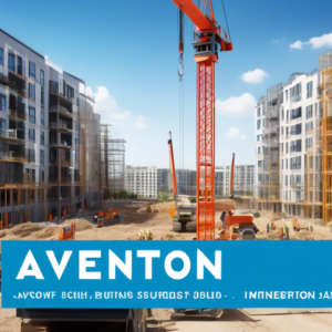 Create an image of a bustling construction site in Davenport, featuring cranes and workers assembling modern apartment buildings. Include the Aventon logo on a construction sign in the foreground, sho