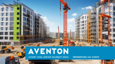 Create an image of a bustling construction site in Davenport, featuring cranes and workers assembling modern apartment buildings. Include the Aventon logo on a construction sign in the foreground, sho