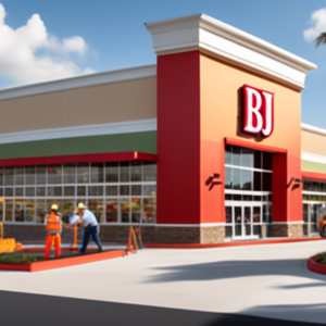 Create an image of a vibrant shopping center renovation scene in Seminole County, Florida, with BJ's Wholesale Club as the focal point. The image should include construction workers actively working o