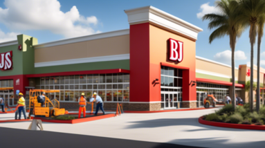 Create an image of a vibrant shopping center renovation scene in Seminole County, Florida, with BJ's Wholesale Club as the focal point. The image should include construction workers actively working o