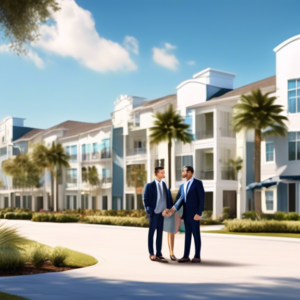 Create an image depicting a modern, upscale build-to-rent residential community in the Orlando area. The scene should include contemporary architectural designs, lush landscaping, and a clear blue sky