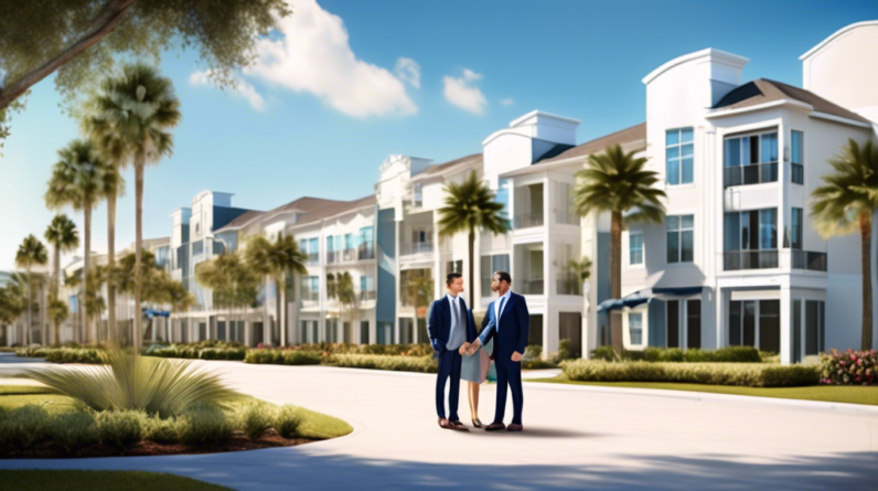 Create an image depicting a modern, upscale build-to-rent residential community in the Orlando area. The scene should include contemporary architectural designs, lush landscaping, and a clear blue sky