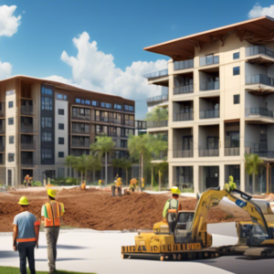 Create an image of a modern, luxurious apartment complex under construction in Brevard, showcasing cranes and construction workers bustling around the site. The background features scenic views typica