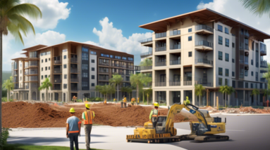 Create an image of a modern, luxurious apartment complex under construction in Brevard, showcasing cranes and construction workers bustling around the site. The background features scenic views typica