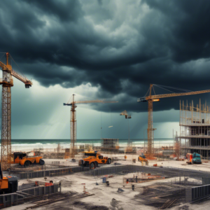 Create an image depicting a vibrant coastal construction site in Florida under a dramatic stormy sky. Show workers busily constructing new buildings, undeterred by the looming dark clouds and distant