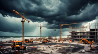 Create an image depicting a vibrant coastal construction site in Florida under a dramatic stormy sky. Show workers busily constructing new buildings, undeterred by the looming dark clouds and distant