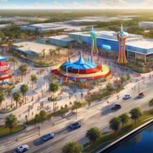 Create an aerial view image of the former Skyplex location on International Drive in Orlando, showcasing the expansive plot of land now listed for sale. Emphasize the surrounding attractions and vibra